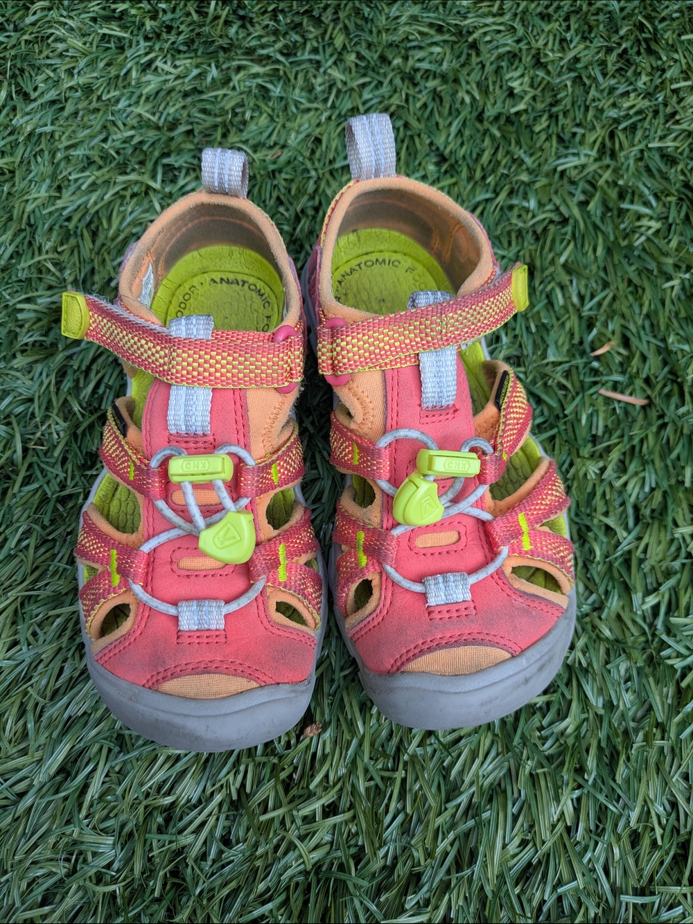 KEEN Kids Coral and Peach Sandals with Lime Accents